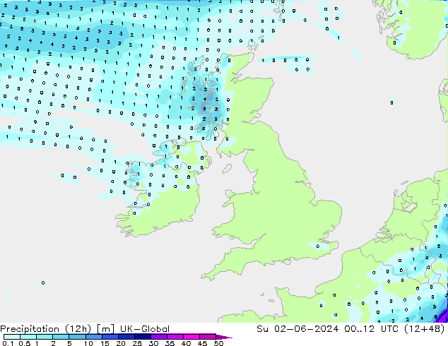 Precipitation (12h) UK-Global Su 02.06.2024 12 UTC