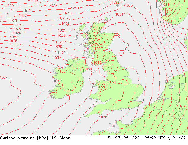 Pressione al suolo UK-Global dom 02.06.2024 06 UTC