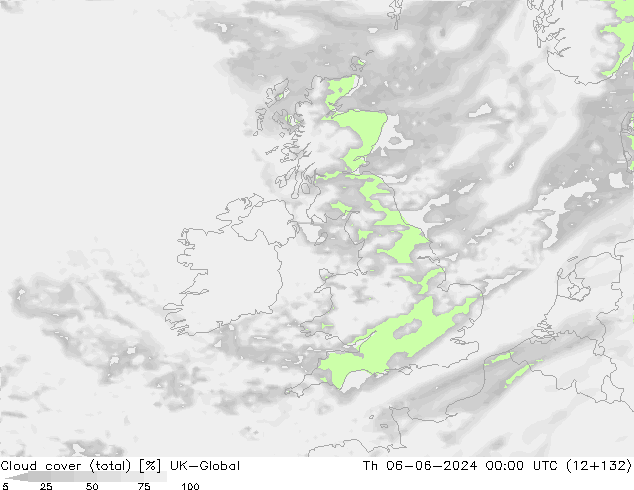 Bewolking (Totaal) UK-Global do 06.06.2024 00 UTC