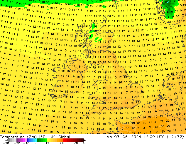 Temperature (2m) UK-Global Po 03.06.2024 12 UTC