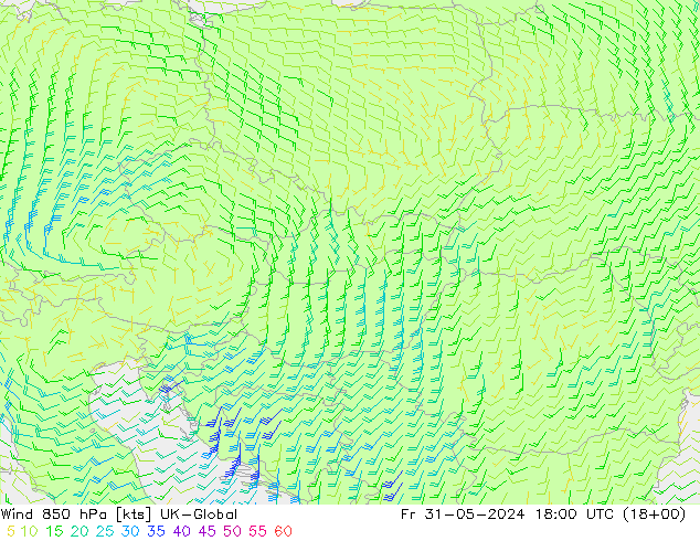 Wind 850 hPa UK-Global vr 31.05.2024 18 UTC