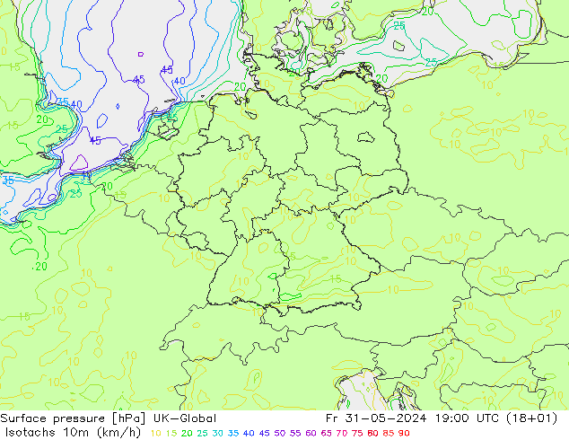 Isotachen (km/h) UK-Global vr 31.05.2024 19 UTC