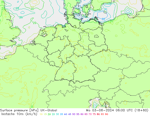 Isotachen (km/h) UK-Global ma 03.06.2024 06 UTC