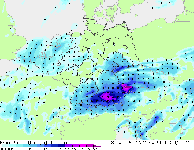 Precipitazione (6h) UK-Global sab 01.06.2024 06 UTC