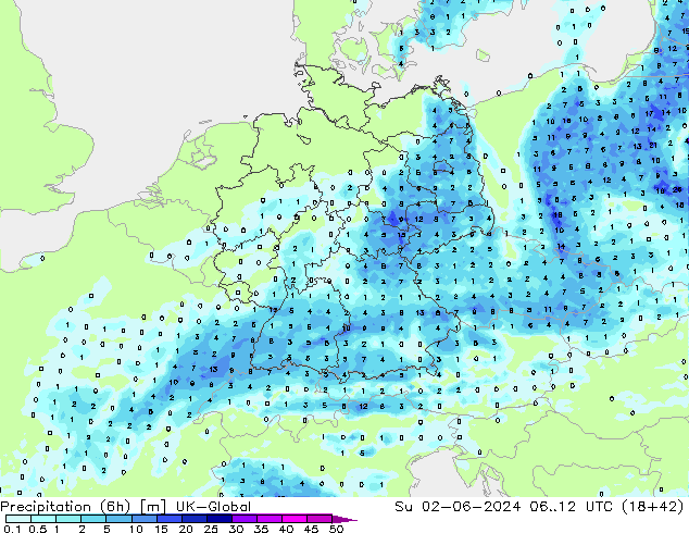 Précipitation (6h) UK-Global dim 02.06.2024 12 UTC