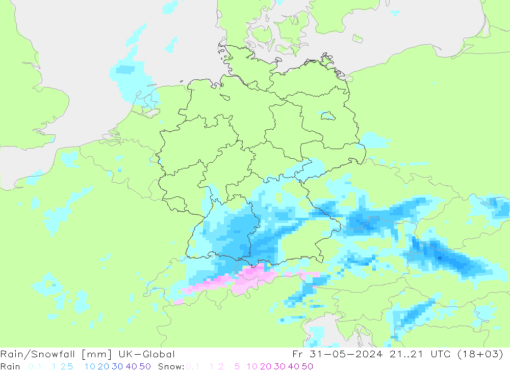 Rain/Snowfall UK-Global 星期五 31.05.2024 21 UTC