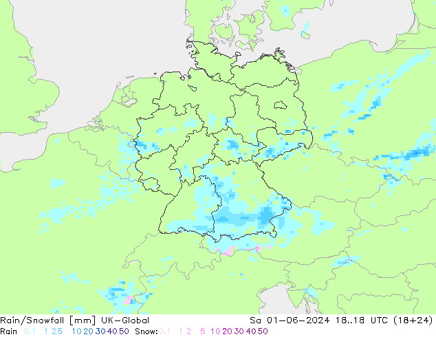 Rain/Snowfall UK-Global Sáb 01.06.2024 18 UTC