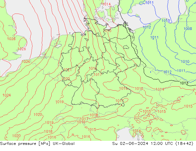 Presión superficial UK-Global dom 02.06.2024 12 UTC