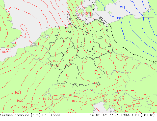 Surface pressure UK-Global Su 02.06.2024 18 UTC