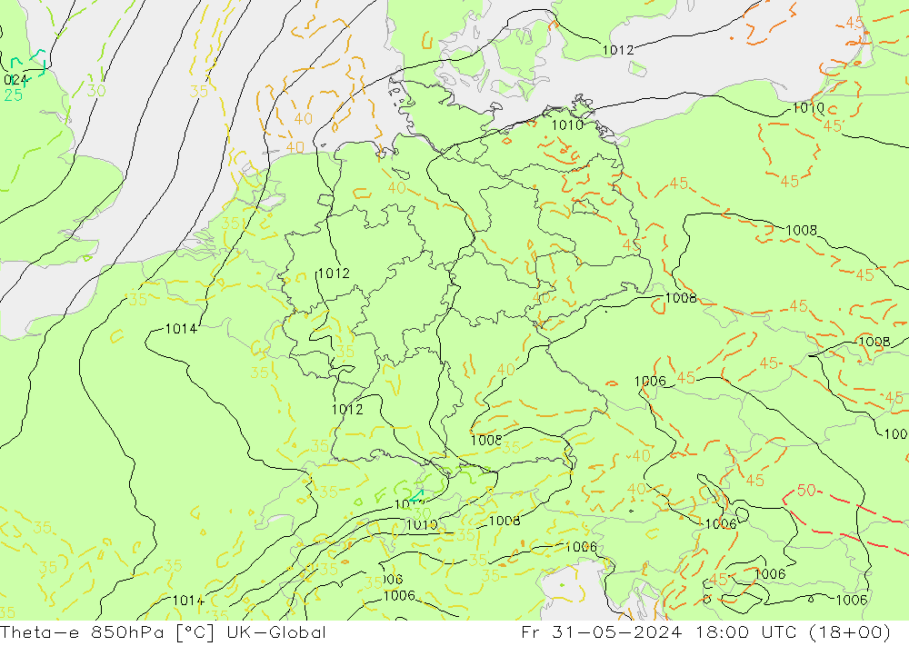 Theta-e 850hPa UK-Global Fr 31.05.2024 18 UTC