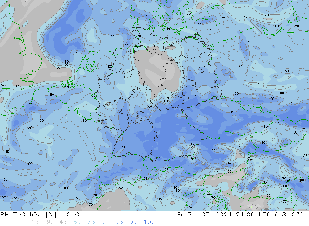 Humedad rel. 700hPa UK-Global vie 31.05.2024 21 UTC