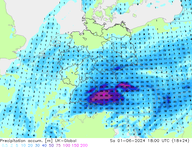 Precipitation accum. UK-Global sab 01.06.2024 18 UTC