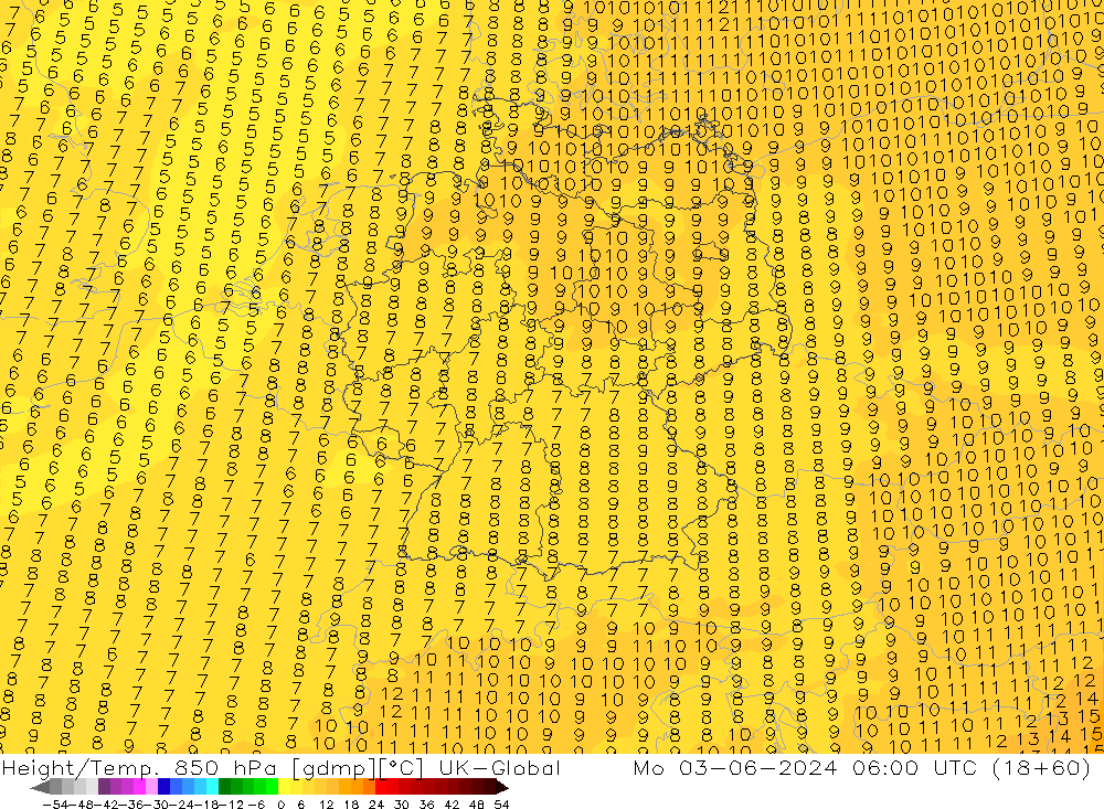 Height/Temp. 850 hPa UK-Global pon. 03.06.2024 06 UTC