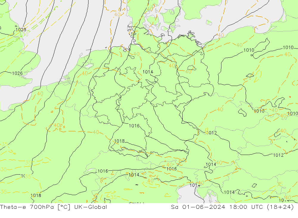 Theta-e 700hPa UK-Global Sáb 01.06.2024 18 UTC
