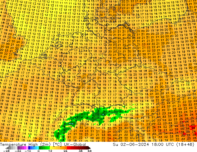 température 2m max UK-Global dim 02.06.2024 18 UTC