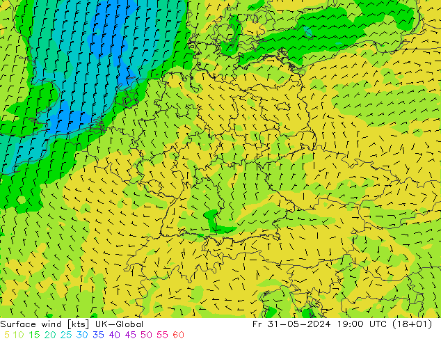 Vento 10 m UK-Global ven 31.05.2024 19 UTC