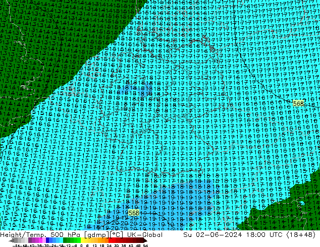 Height/Temp. 500 hPa UK-Global nie. 02.06.2024 18 UTC