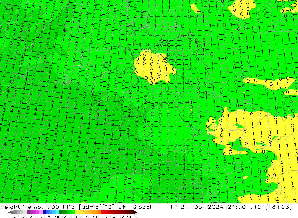 Hoogte/Temp. 700 hPa UK-Global vr 31.05.2024 21 UTC