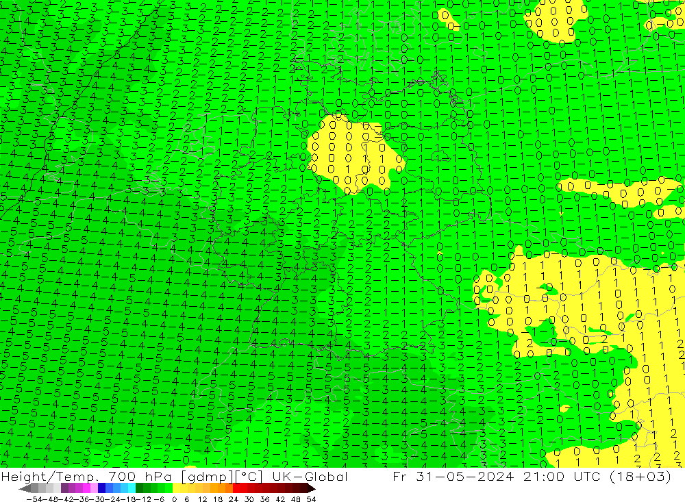 Geop./Temp. 700 hPa UK-Global vie 31.05.2024 21 UTC