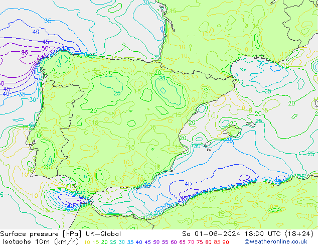 Isotachen (km/h) UK-Global Sa 01.06.2024 18 UTC