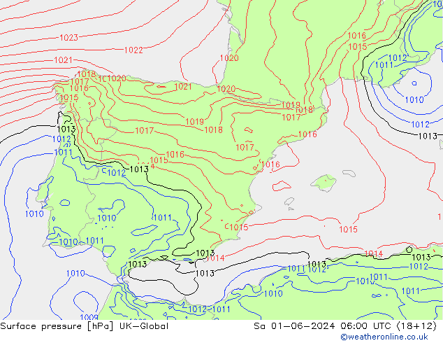 Presión superficial UK-Global sáb 01.06.2024 06 UTC