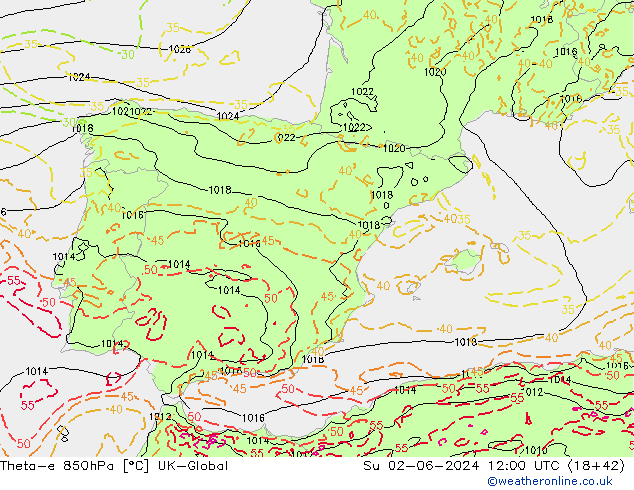 Theta-e 850hPa UK-Global zo 02.06.2024 12 UTC
