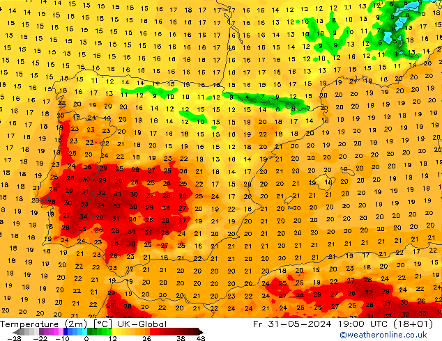 Temperature (2m) UK-Global Fr 31.05.2024 19 UTC