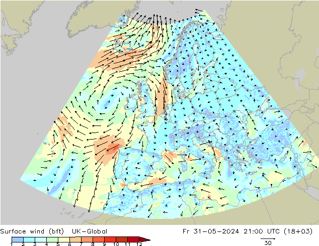 Surface wind (bft) UK-Global Fr 31.05.2024 21 UTC