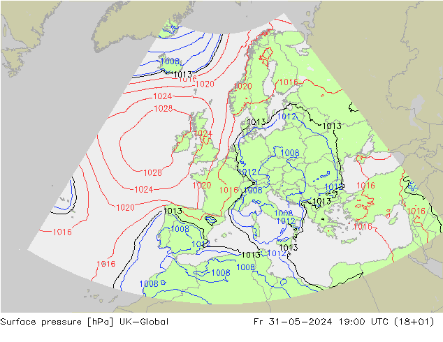 Pressione al suolo UK-Global ven 31.05.2024 19 UTC