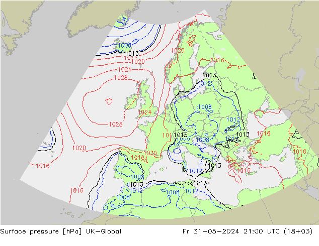 Atmosférický tlak UK-Global Pá 31.05.2024 21 UTC