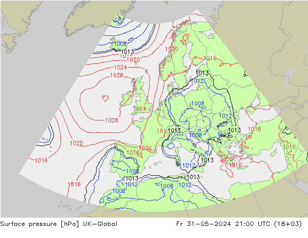 Surface pressure UK-Global Fr 31.05.2024 21 UTC