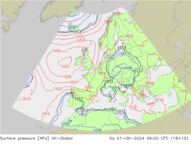 Pressione al suolo UK-Global sab 01.06.2024 06 UTC