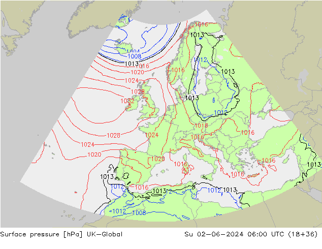 Pressione al suolo UK-Global dom 02.06.2024 06 UTC