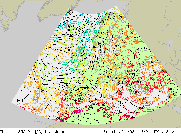 Theta-e 850hPa UK-Global sab 01.06.2024 18 UTC