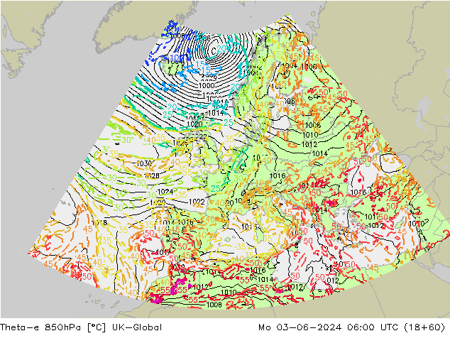 Theta-e 850hPa UK-Global lun 03.06.2024 06 UTC