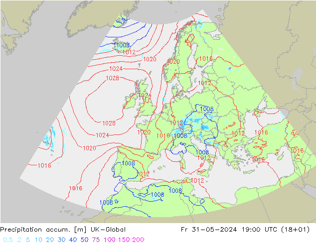 Precipitation accum. UK-Global Fr 31.05.2024 19 UTC