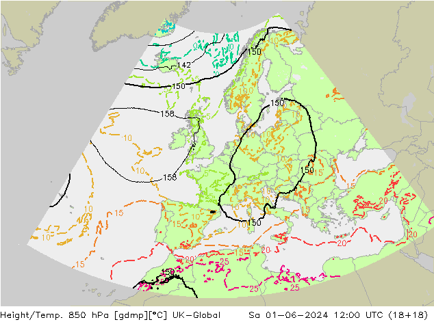 Height/Temp. 850 hPa UK-Global  01.06.2024 12 UTC