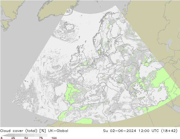 Cloud cover (total) UK-Global Su 02.06.2024 12 UTC