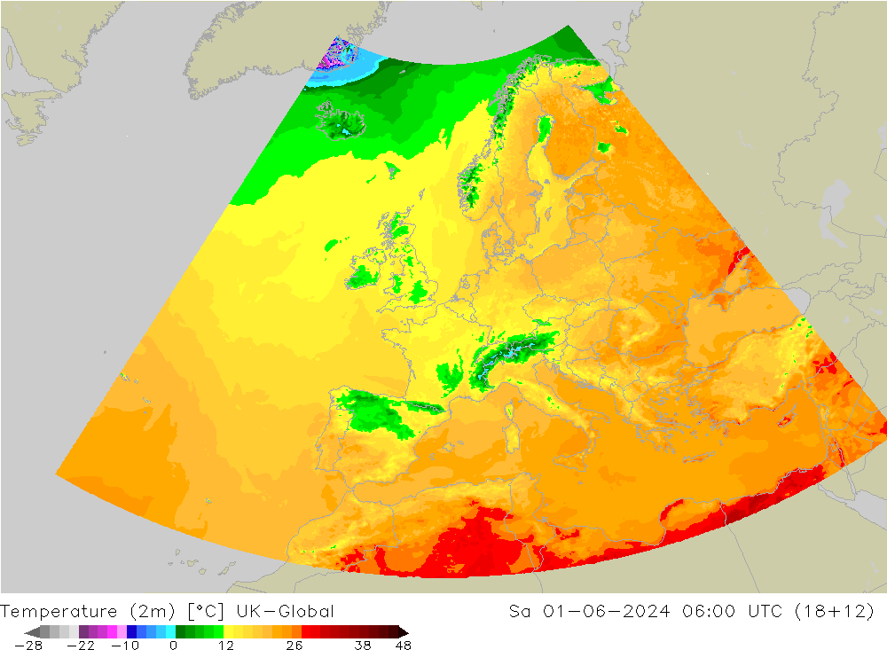 Temperaturkarte (2m) UK-Global Sa 01.06.2024 06 UTC