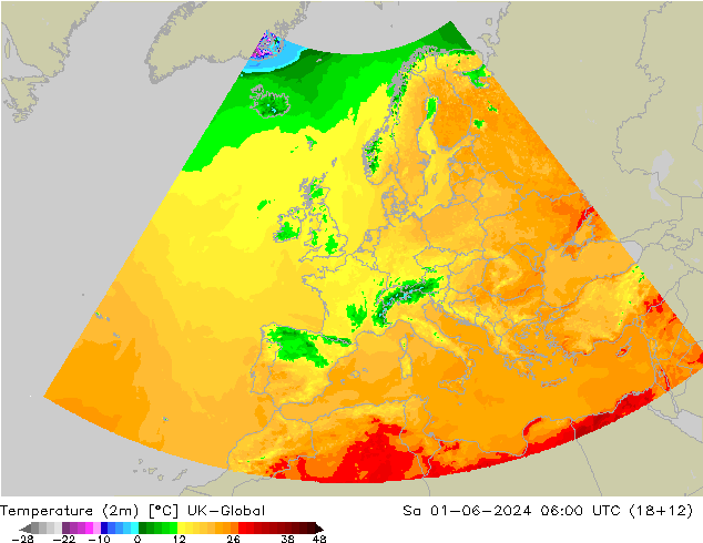 Temperatura (2m) UK-Global Sáb 01.06.2024 06 UTC