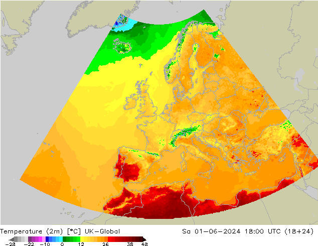 Temperaturkarte (2m) UK-Global Sa 01.06.2024 18 UTC