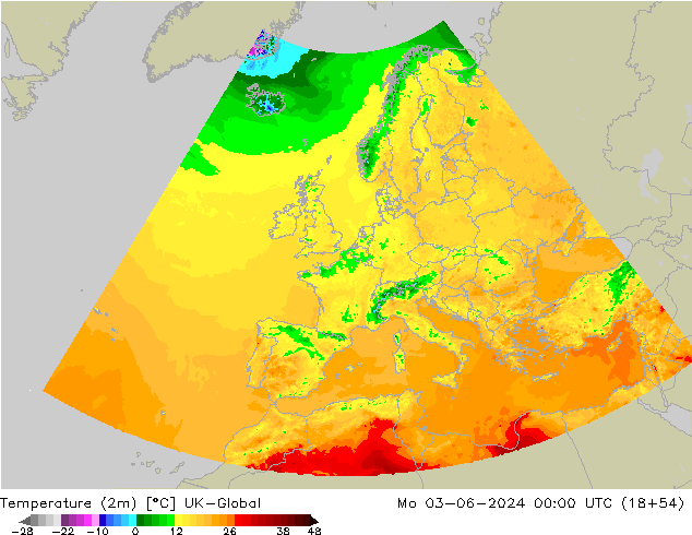 Temperature (2m) UK-Global Mo 03.06.2024 00 UTC