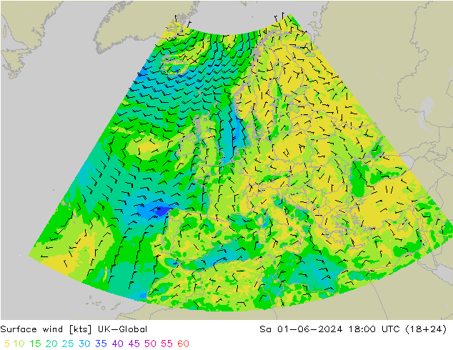 风 10 米 UK-Global 星期六 01.06.2024 18 UTC
