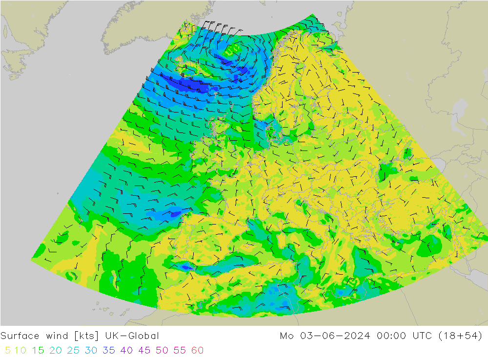 Surface wind UK-Global Mo 03.06.2024 00 UTC