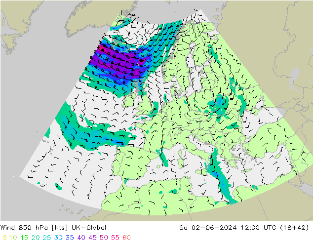 Wind 850 hPa UK-Global So 02.06.2024 12 UTC
