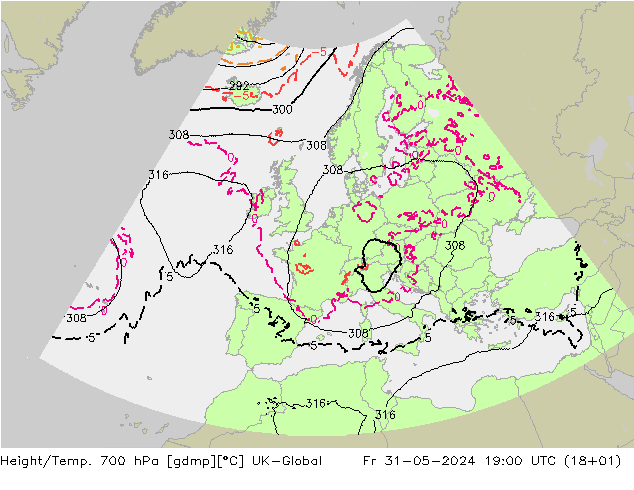 Height/Temp. 700 hPa UK-Global Pá 31.05.2024 19 UTC