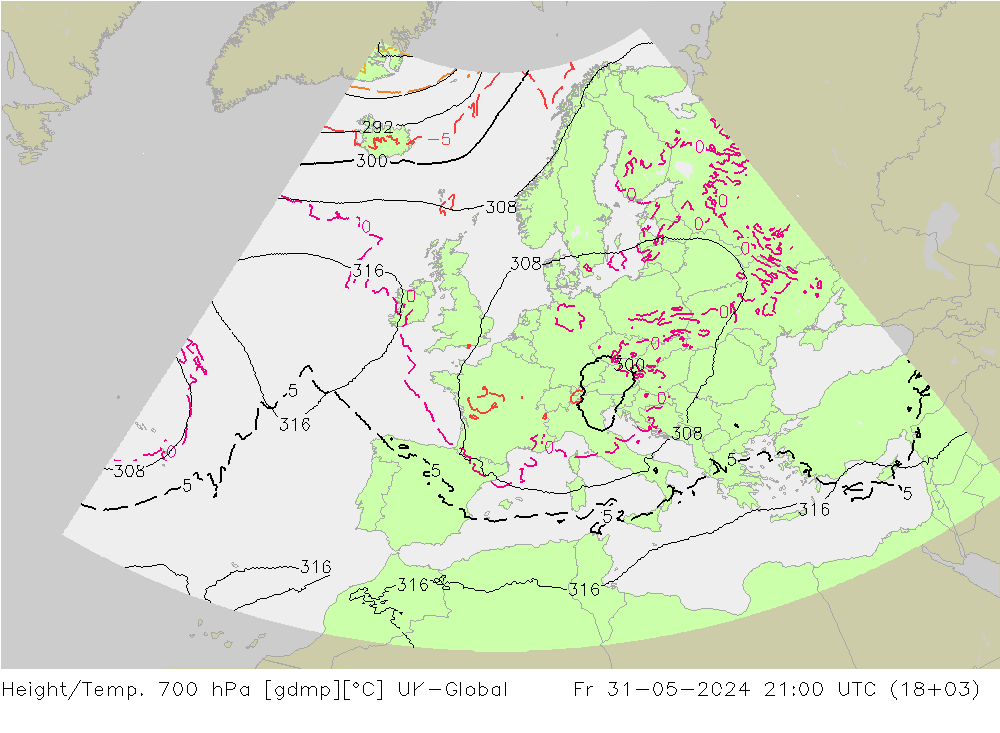 Yükseklik/Sıc. 700 hPa UK-Global Cu 31.05.2024 21 UTC