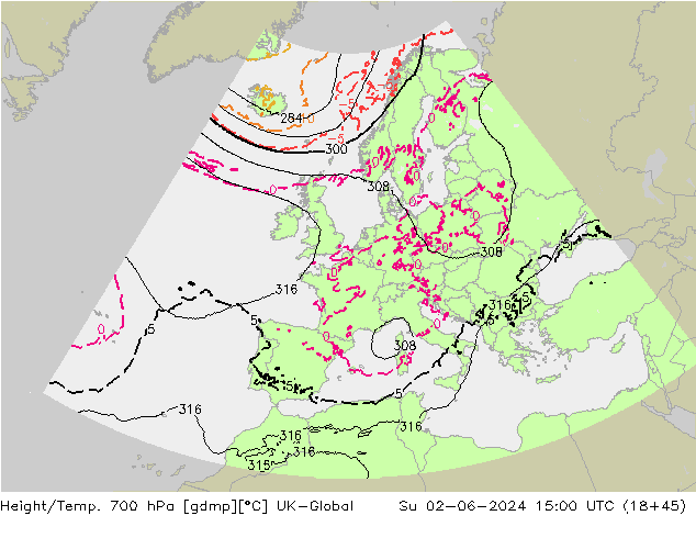 Height/Temp. 700 hPa UK-Global Su 02.06.2024 15 UTC