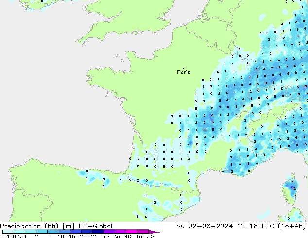 Precipitación (6h) UK-Global dom 02.06.2024 18 UTC