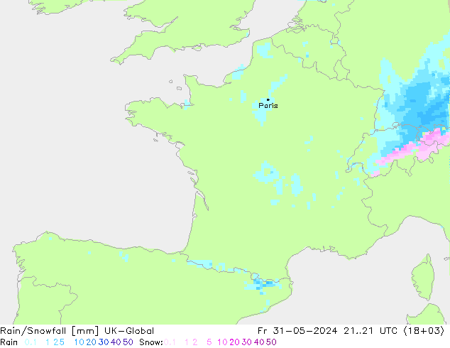 Rain/Snowfall UK-Global Fr 31.05.2024 21 UTC